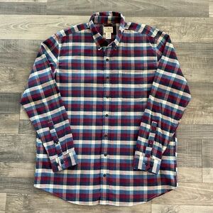 LL Bean Organic Cotton Flannel Shirt Mens LARGE TALL Blue Red Tan Stretch 512329